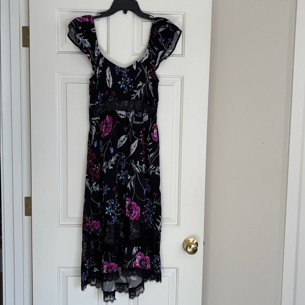 Express Black High Low Dress with Floral Accents and Lace size small